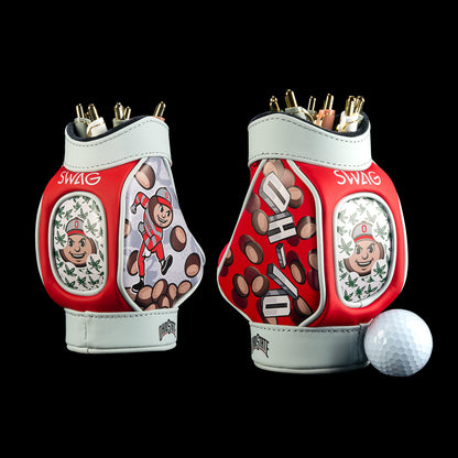 SWAG Golf Ohio State Buckeyes Desk Caddy in scarlet, gray, and white with illustrated buckeye nuts, a smiling buckeye character, repeating character portraits, and white panels filled with gray line art.