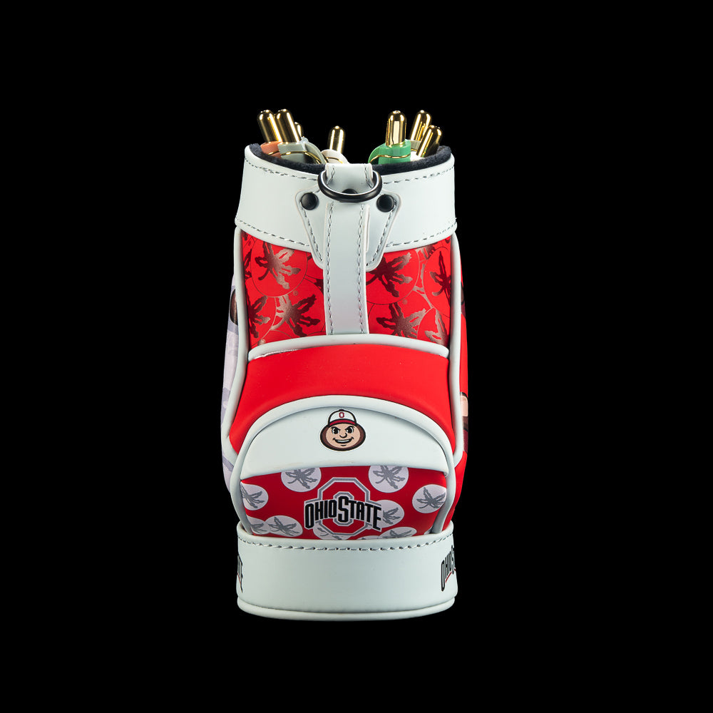 Front view of the Ohio State Buckeyes Desk Caddy with scarlet and white vertical panels, small Ohio State graphics, a centered circular emblem, and gray trim.