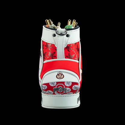 Front view of the Ohio State Buckeyes Desk Caddy with scarlet and white vertical panels, small Ohio State graphics, a centered circular emblem, and gray trim.