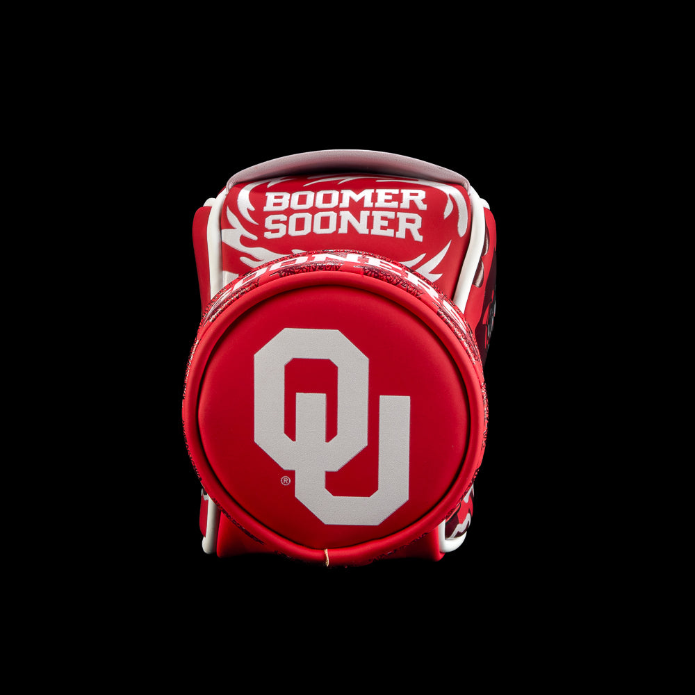 Bottom view of SWAG Golf Oklahoma Sooners Desk Caddy featuring the OU logo with crimson and white graphic detailing.