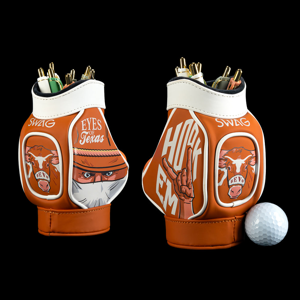 SWAG Golf Texas Longhorns Desk Caddy featuring burnt orange and white Longhorn artwork, Texas graphics, bold lettering, and western-inspired details.