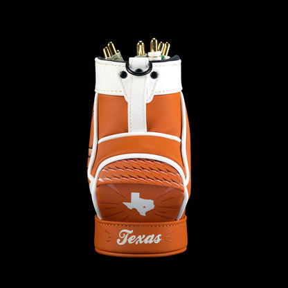 Front view of SWAG Golf Texas Longhorns Desk Caddy featuring burnt orange and white panels, Texas script, Longhorn graphics, and stitched details.