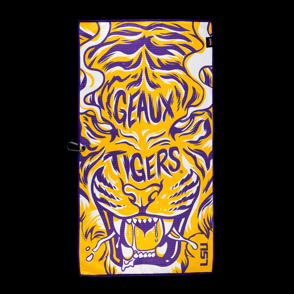 SWAG Golf Louisiana State University Geaux Tigers Golf Towel featuring a fierce tiger face, “Geaux Tigers” lettering and purple and gold details.
