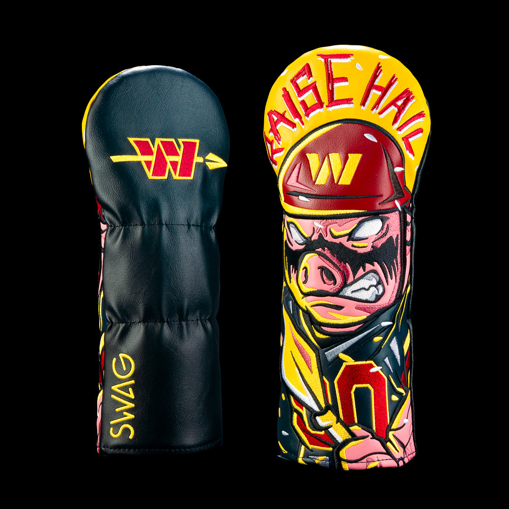 SWAG Golf NFL Washington Commanders Fairway Cover featuring team inspired football graphics in deep burgundy, gold and white. "RAISE HAIL" font across the top.
