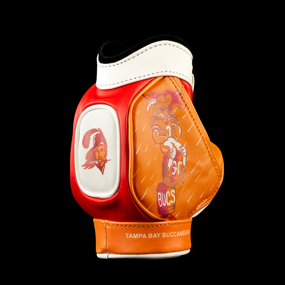 SWAG Golf NFL Tampa Bay Buccaneers Captain Fear Desk Caddy angled view with an illustrated Buccaneers player, Go Bucs lettering and orange-and-red panels.