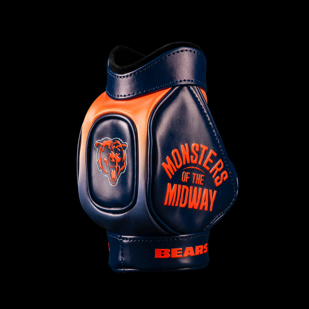 SWAG Golf NFL Chicago Bears Monsters Of The Midway Desk Caddy angled view with orange Monsters Of The Midway lettering and a Bears logo pocket.
