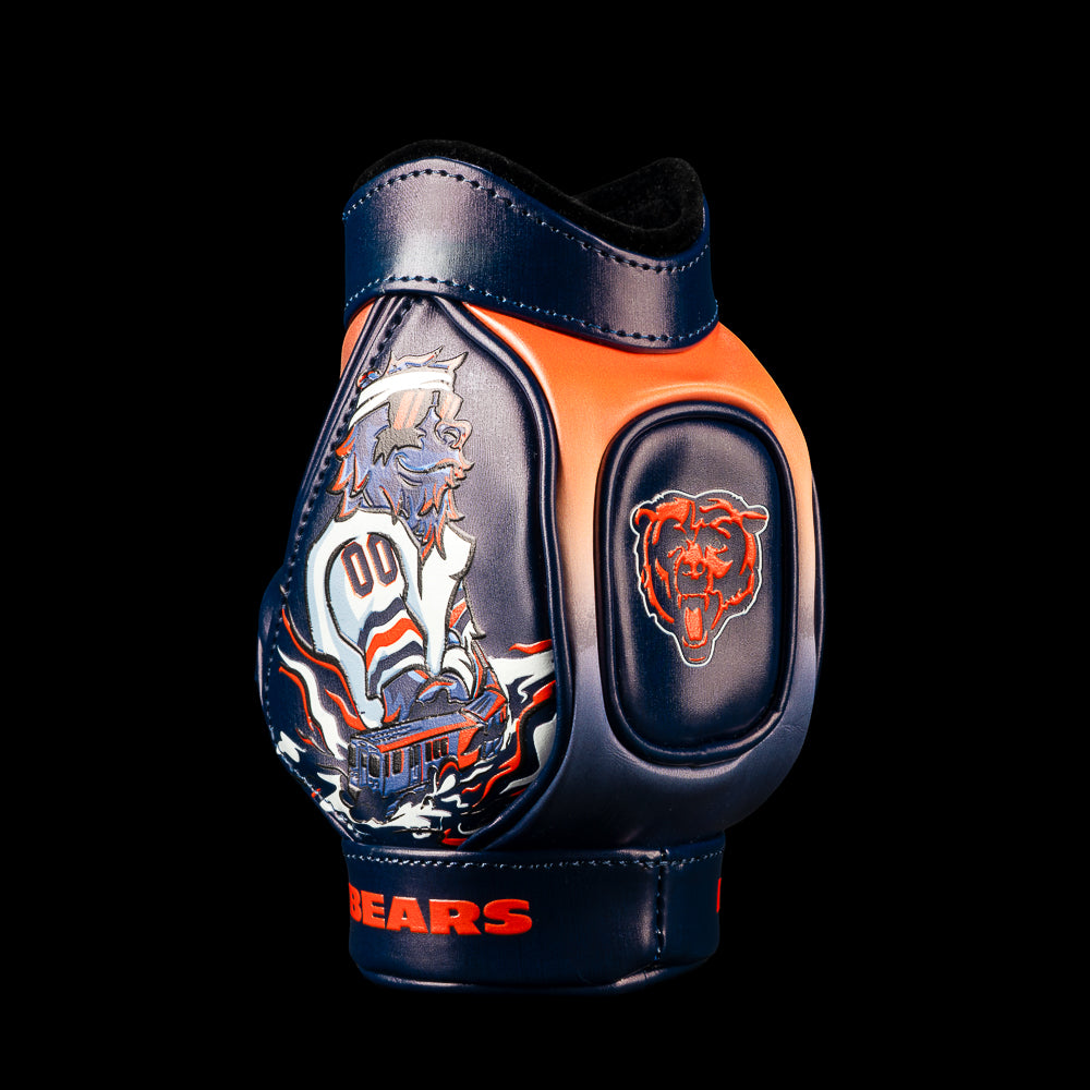 SWAG Golf NFL Chicago Bears Monsters Of The Midway Desk Caddy side view with illustrated bear artwork, navy panels and orange Bears lettering.
