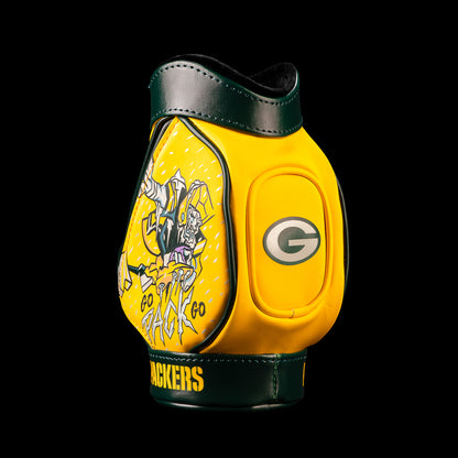 SWAG Golf NFL Green Bay Packers Frozen Tundra Desk Caddy side view with icy player artwork, Packers G logo pocket and green-and-gold panels.