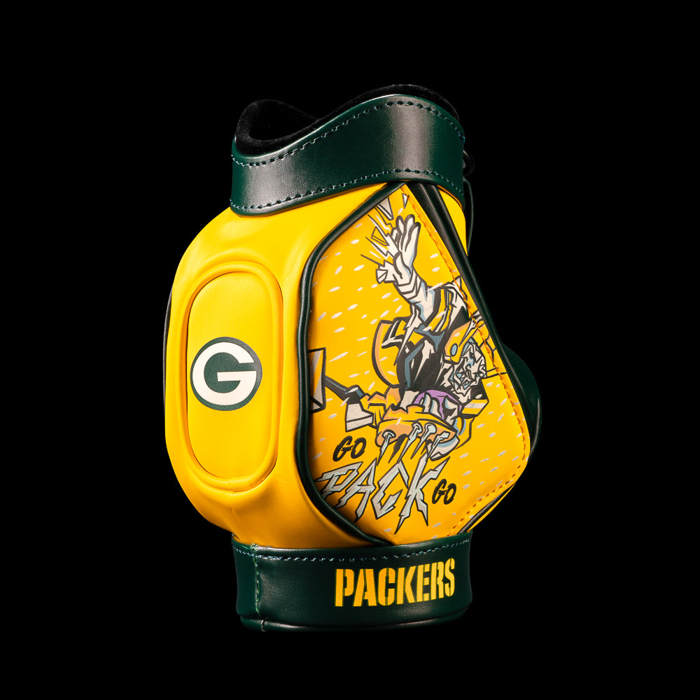 SWAG Golf NFL Green Bay Packers Frozen Tundra Desk Caddy angled view with a helmeted Packers player breaking through ice with Go Pack Go lettering.