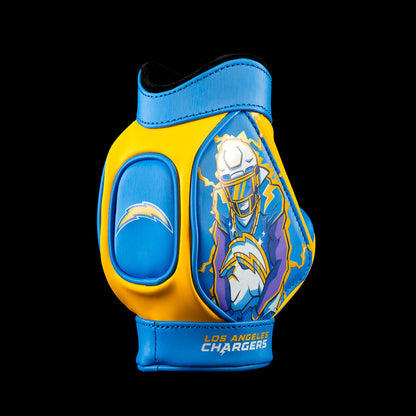 SWAG Golf NFL Los Angeles Chargers Bolt Up Desk Caddy angled view with a helmeted football player, muscle arms, yellow lightning and powder blue panels.