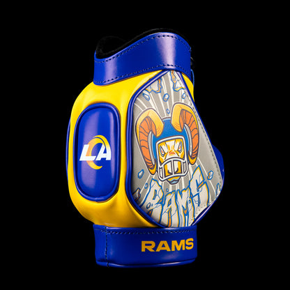 SWAG Golf NFL Los Angeles Rams Buttin’ Heads Desk Caddy angled view with a horned Rams character bursting through silver shards in royal blue and gold.