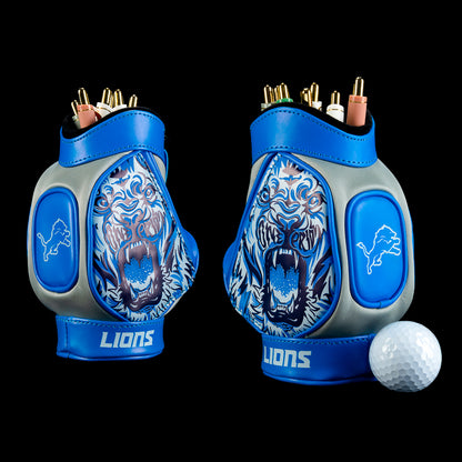 Two SWAG Golf NFL Detroit Lions One Pride Desk Caddies displaying roaring blue lion faces, Lions logo pockets.