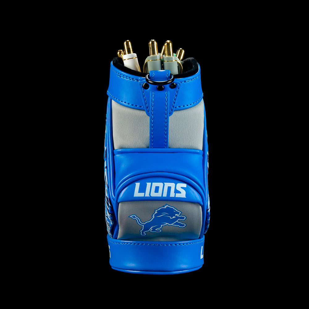 SWAG Golf NFL Detroit Lions One Pride Desk Caddy front view holding pens above Lions lettering and the leaping lion logo.