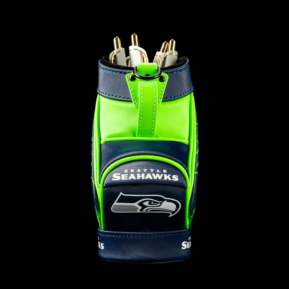 SWAG Golf NFL Seattle Seahawks Twelfth Man Desk Caddy front view holding pens above Seahawks lettering and the navy team logo.