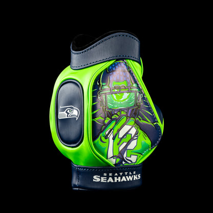 SWAG Golf NFL Seattle Seahawks Twelfth Man Desk Caddy angled view with a number 12 football player making hand sign in navy and green.