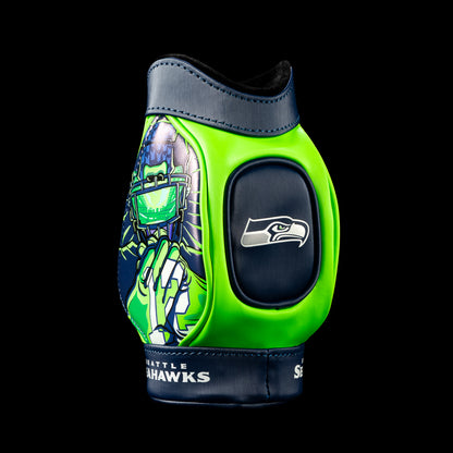 SWAG Golf NFL Seattle Seahawks Twelfth Man Desk Caddy side view with Twelfth Man player artwork, Seahawks logo pocket and neon green panels.