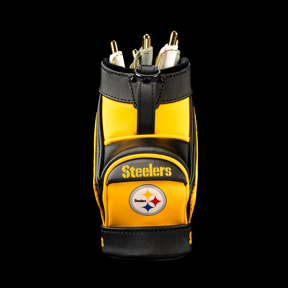 SWAG Golf NFL Pittsburgh Steelers Next Man Up Desk Caddy front view holding pencils and pens in compartment above a Steelers logo pocket.