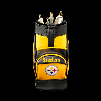 SWAG Golf NFL Pittsburgh Steelers Next Man Up Desk Caddy front view holding pencils and pens in compartment above a Steelers logo pocket.