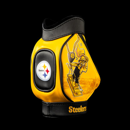 SWAG Golf NFL Pittsburgh Steelers Next Man Up Desk Caddy angled view with an illustrated steelworker balancing on a beam beneath a crane hook, Steelers logo and Pittsburgh skyline.