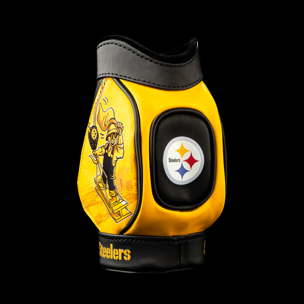 SWAG Golf NFL Pittsburgh Steelers Next Man Up Desk Caddy side view with black-and-yellow panels, steelworker artwork, circular Steelers logo and Steelers lettering.
