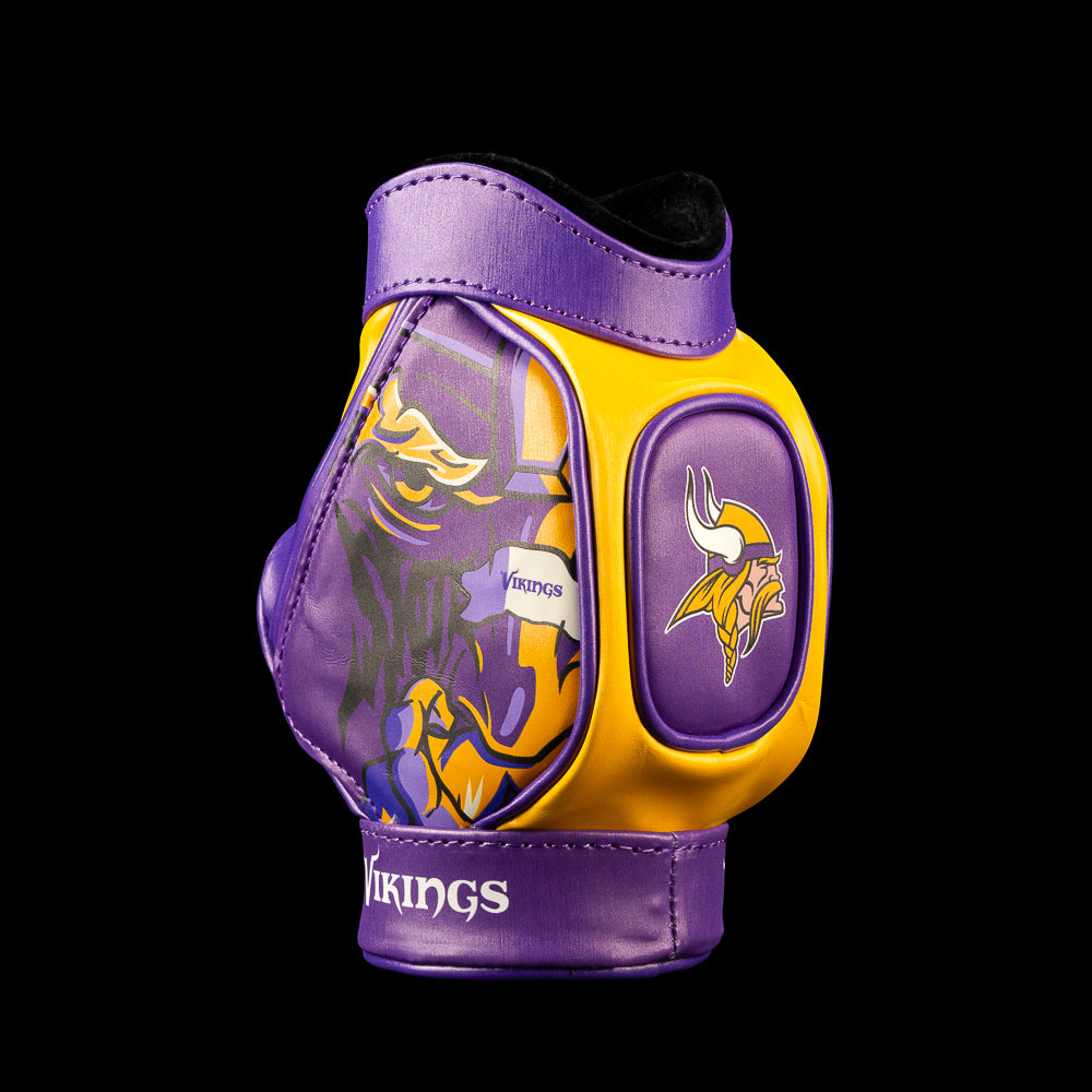 SWAG Golf NFL Minnesota Vikings Viktor The Viking Desk Caddy side view with close-up mascot artwork, Vikings logo pocket and white Vikings lettering.