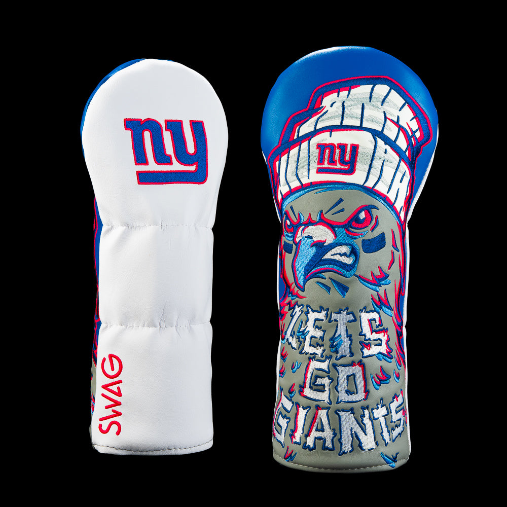 SWAG Golf NFL New York Giants Never Sleep Fairway Cover with angry gray pigeon wearing a Giants knit beanie, red eyes, Let's Go Giants lettering and NY logo.