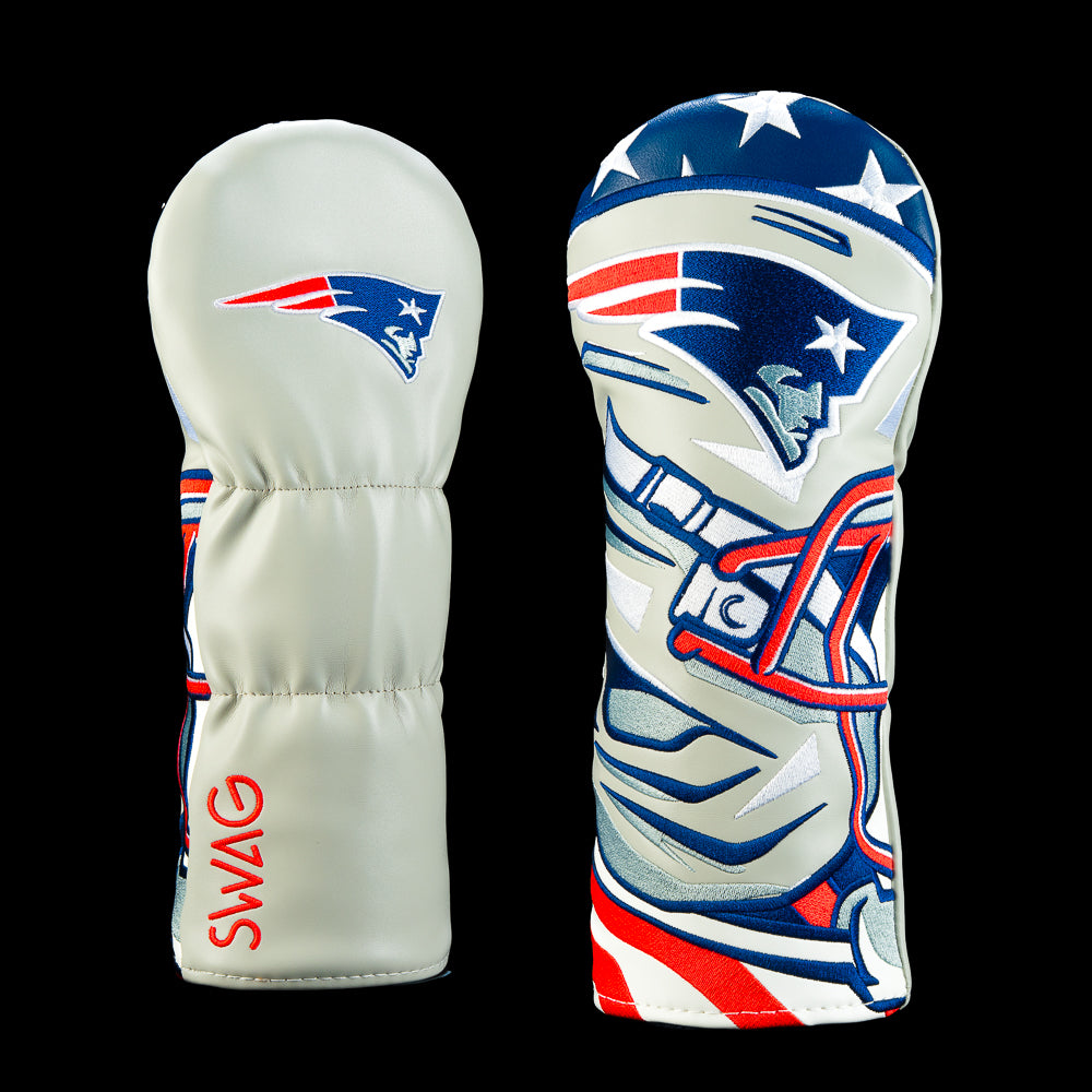 SWAG Golf NFL New England Patriots Pat-riotic Fairway Cover with football helmet, navy and white stars, sweeping red and white stripes and Patriots logo.