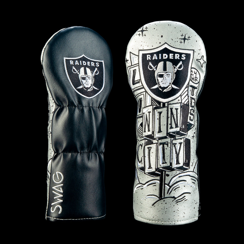 SWAG Golf NFL Las Vegas Raiders Win City Fairway Cover with silver and black illustrated face, Win City lettering and Raiders team graphics.