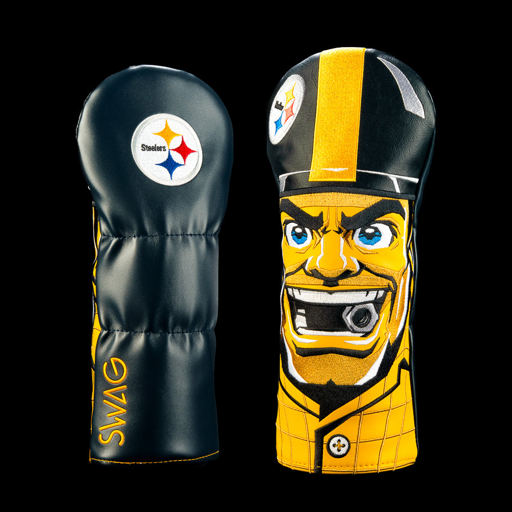 SWAG Golf NFL Pittsburgh Steelers Steely McBeam Fairway Cover with mascot face, black and yellow helmet, Steelers logo and black and gold graphics.