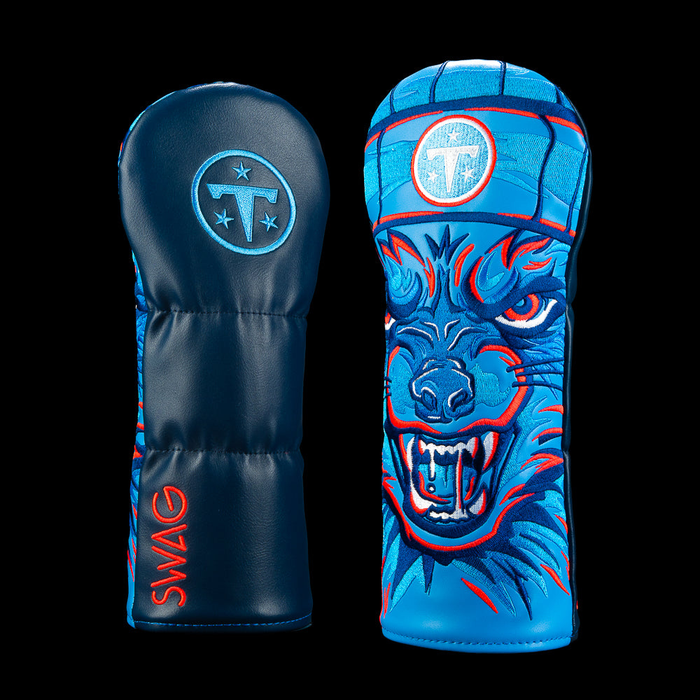 SWAG Golf NFL Tennessee Titans T-Rac Fairway Cover with wide-eyed raccoon mascot face, bright blue fur, blue tongue and Titans blue graphics.