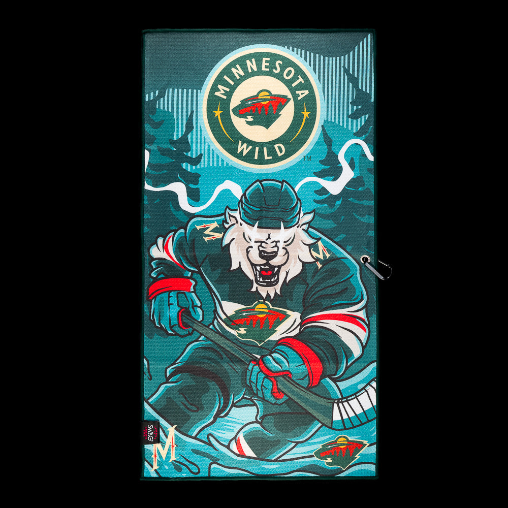 Teal Minnesota Wild golf towel with a wild-haired hockey player, swirling ice graphics, trees, and circular team crest.