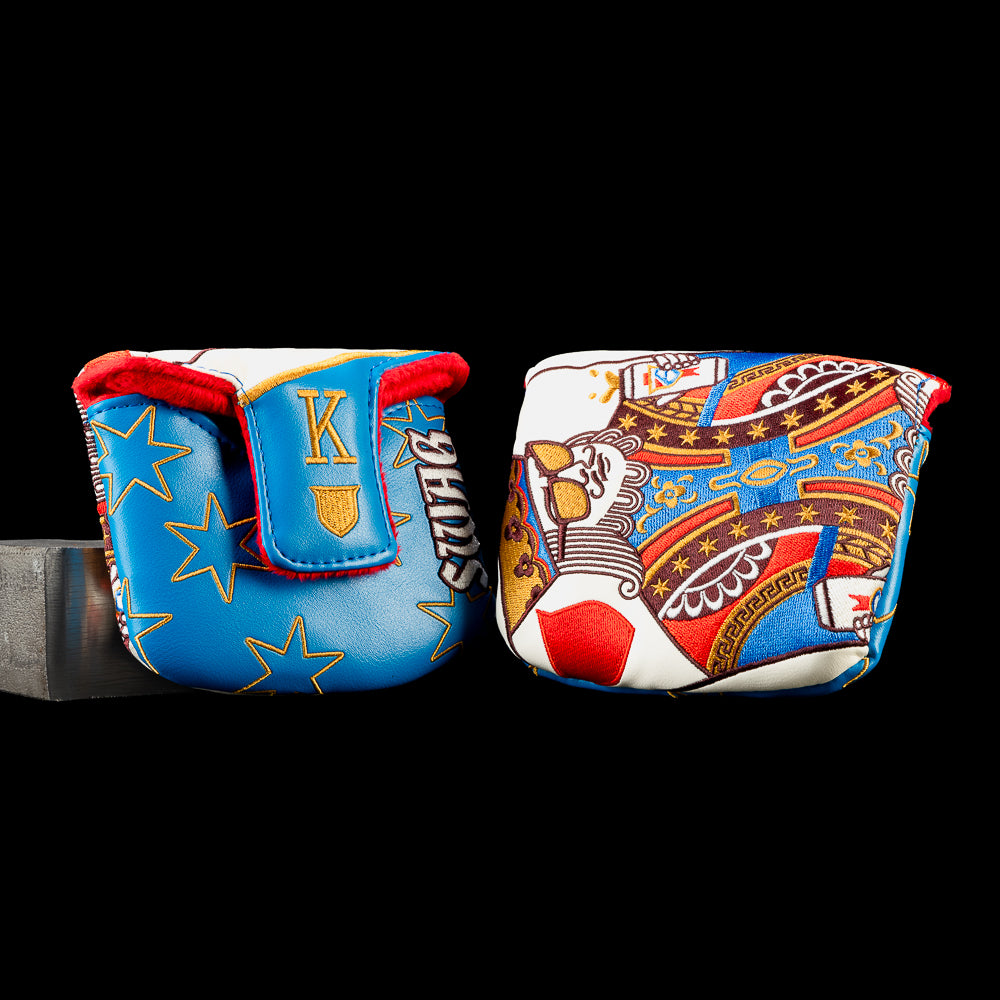Old Swag King mallet putter cover with a colorful playing card King, deep blue panels, gold stars, and a gold K on the closure tab.