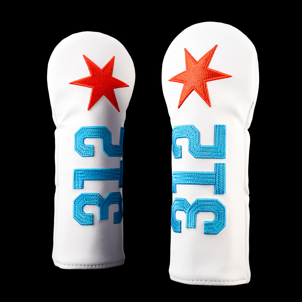 Front view of the White Chicago Small Talk 312 fairway wood cover with oversized blue "312" numbers and a red six point star.