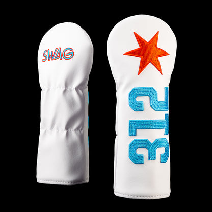 White Chicago Small Talk 312 fairway wood cover with oversized blue numbers, a red six point star, and SWAG lettering on the back.