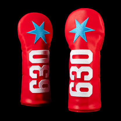 Front view of the red Small Talk 630 fairway wood cover with oversized white "630" numbers and a blue six point star.