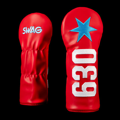 Red Small Talk 630 fairway wood cover with oversized white numbers, a blue six point star, and blue and white SWAG lettering.