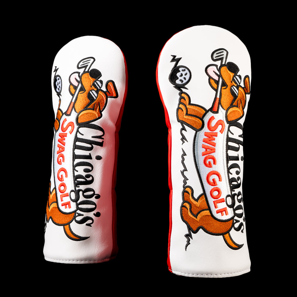 Front view of the Turn Dog Fairway Wood Cover featuring Chicago’s SWAG Golf lettering, a playful hot dog graphic and red and black embroidery.