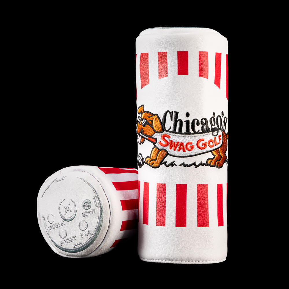 Turn Shake barrel fairway wood cover with red and white stripes and a running hot dog golfer beneath Chicago’s SWAG Golf lettering.