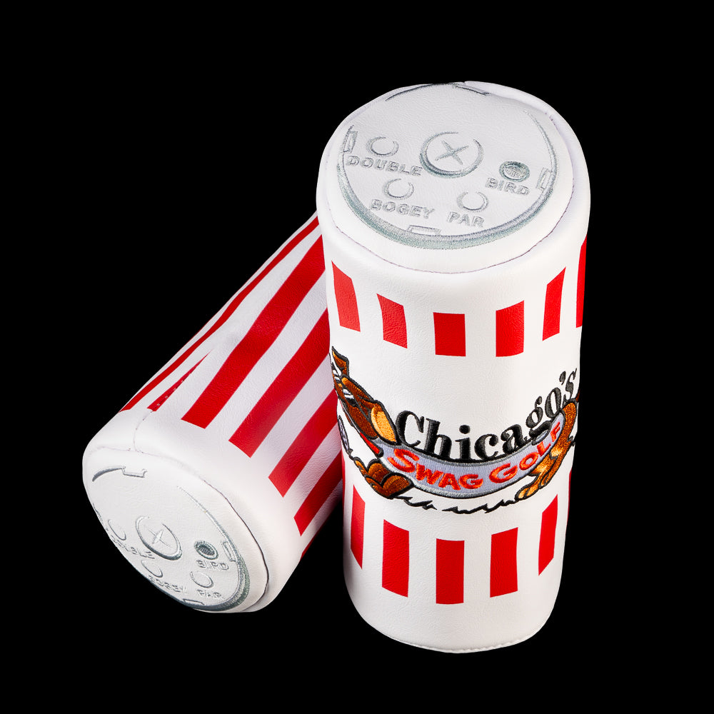 Angled front and back views of the white Turn Shake Barrel Fairway Wood Cover showing red stripes, embroidered Chicago graphics and metallic silver end detailing.