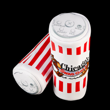 Angled front and back views of the white Turn Shake Barrel Fairway Wood Cover showing red stripes, embroidered Chicago graphics and metallic silver end detailing.
