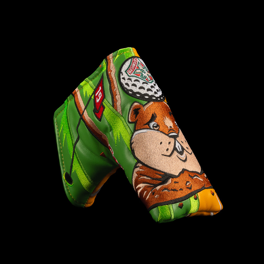 Angled view of Rewind Golf Caddyshack Be the Ball blade headcover showing gopher and golf ball embroidery on green.