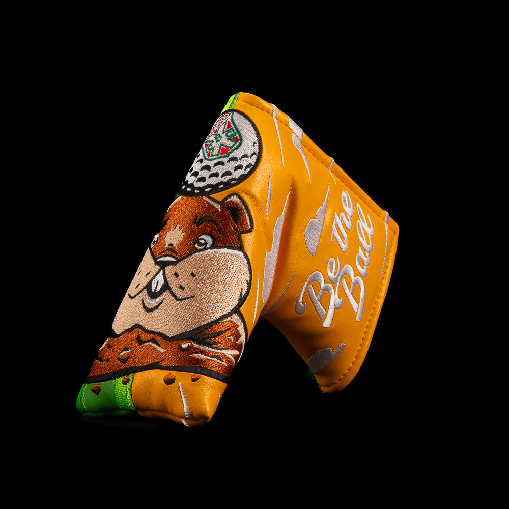 Rewind Golf Caddyshack Be the Ball blade headcover with embroidered gopher, golf ball and white lettering on orange background.