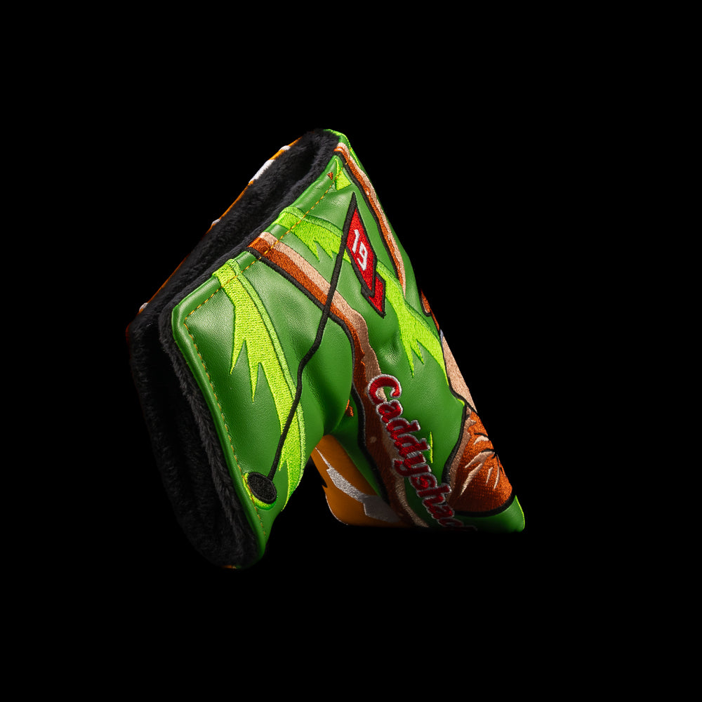 Green side of Rewind Golf Caddyshack Be the Ball blade headcover with red Caddyshack lettering and black edging.