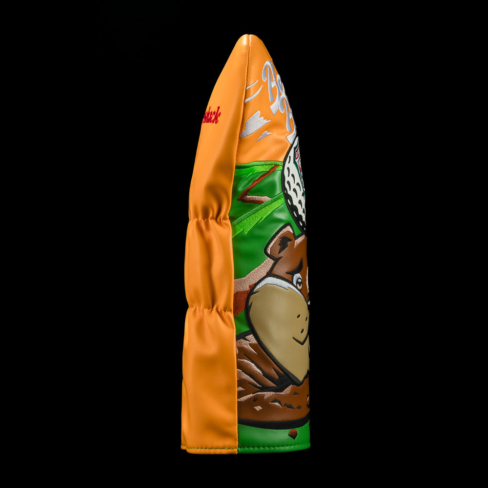 Side view of Rewind Golf Caddyshack Be the Ball driver headcover showing orange backing and green gopher design.