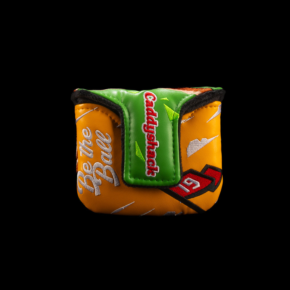 Orange reverse of the Rewind Golf Caddyshack mallet headcover with Be the Ball embroidery and green closure flap with Caddyshack logo.