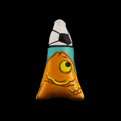 A turquoise and orange golf blade putter cover featuring a cartoon fish design and the text 'BE A GOLDFISH' on a solid black background. Officially licensed Ted Lasso design from Rewind Golf.