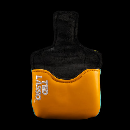 Rewind Golf x Ted Lasso officially licensed mallet golf headcover with 'Be A Goldfish' text and soccer ball design on teal and orange fabric.