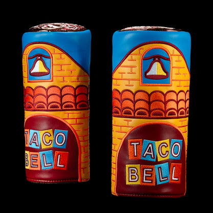 Two views of the Taco Bell x SWAG Golf Retro Cup Barrel Driver Cover showing the colorful vintage Taco Bell graphics.