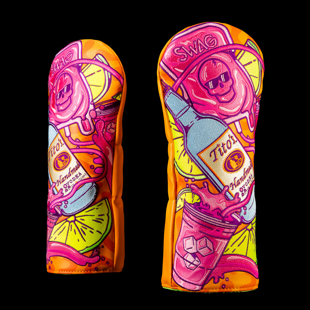 SWAG Golf Tito's Splash of Grape driver cover featuring a Tito's Vodka bottle, purple grape cocktail, lime wedges, citrus slices, and vibrant embroidered summer artwork.