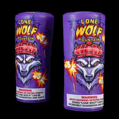 SWAG Golf Lone Wolf barrel driver cover designed like a fireworks fountain featuring a wolf graphic with explosive fireworks artwork.